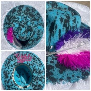 Blue and Black Speckled Cowboy Hat with Feathers